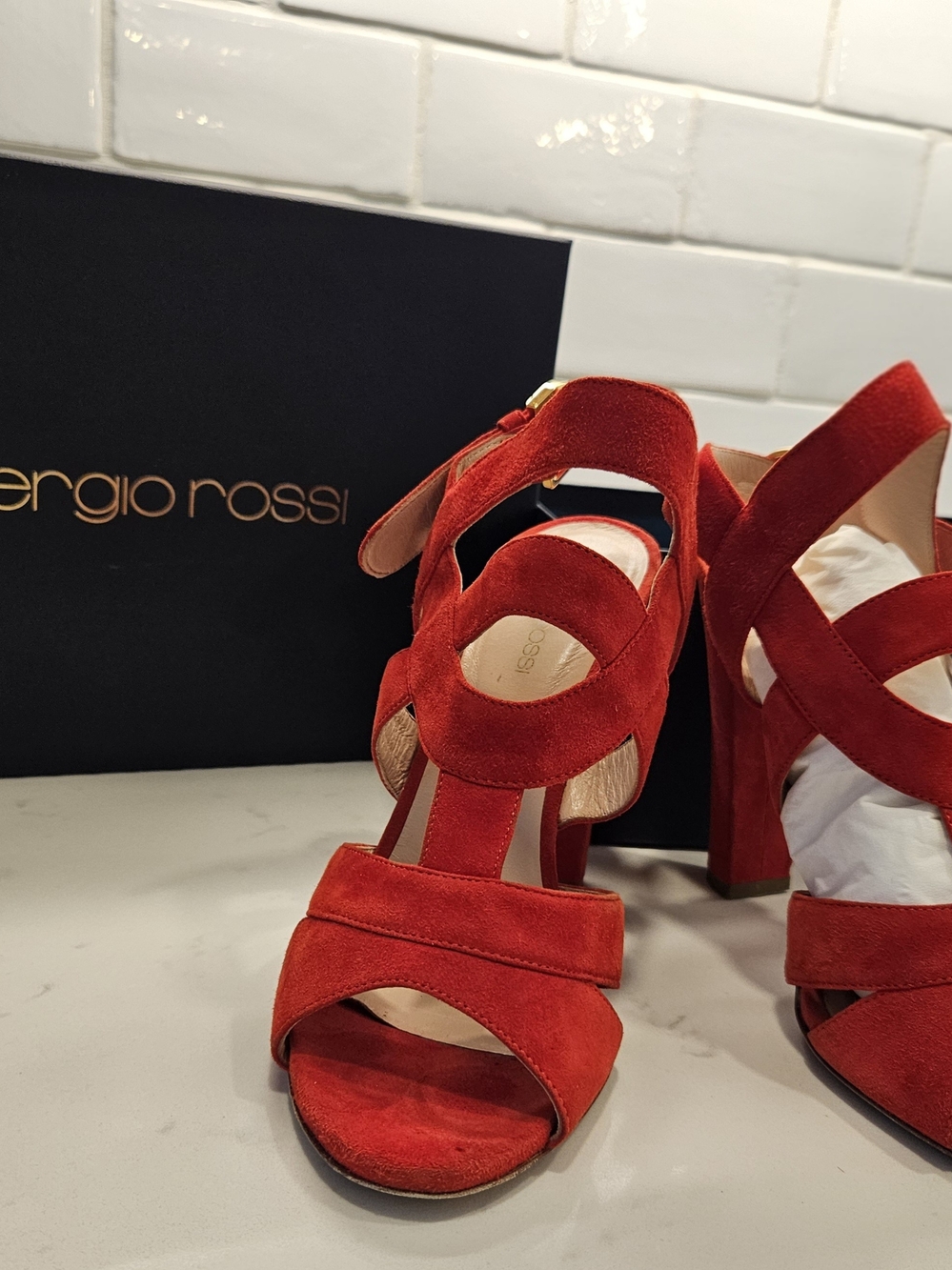 Sergio Rossi Red Suede Strappy Block Heel Sandals Size 38.5 Box Included